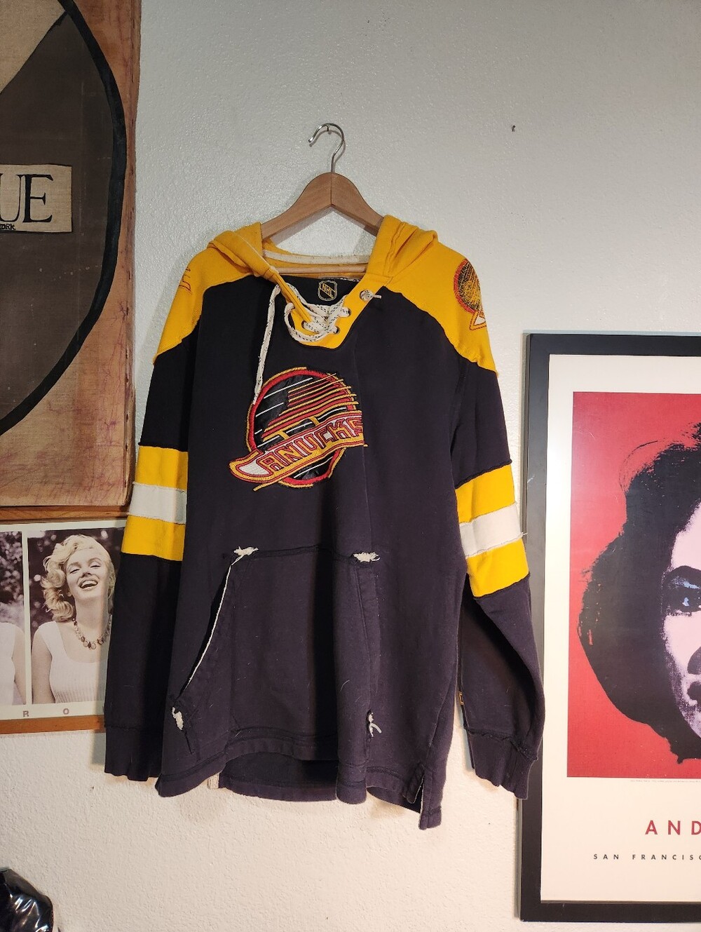 Vintage Style Navy and Yellow Hockey Pullover Hoodie